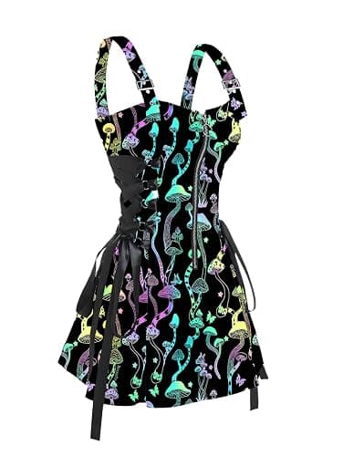 DRESSFO Women’s Gothic Buckle Strap Mini Dress – Lace Up Zipper Dress in Multiple Prints - Image 1