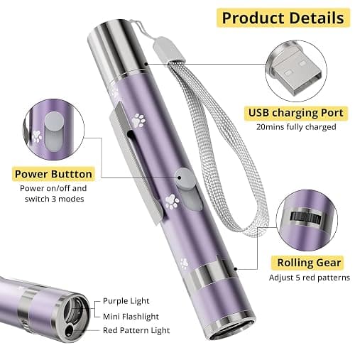 Cat Toy, Distinctive Purple Painted Metal Casing with Paw Print Design, USB Rechargeable, 3 Light Modes & 5 Adjustable Patterns,Interactive Chase Toy for Indoor Cat & Dog & Bird Training & Exercise thumbnail 2