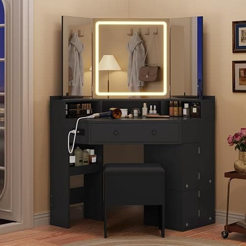 HAUOMS Corner Vanity Desk with Mirror Lights & Storage Bench, Black | Makeup Vanities with Drawers & Rotating Shelves, Power Outlet, 3 Light Settings, Dimmable for Women Girls thumbnail 3