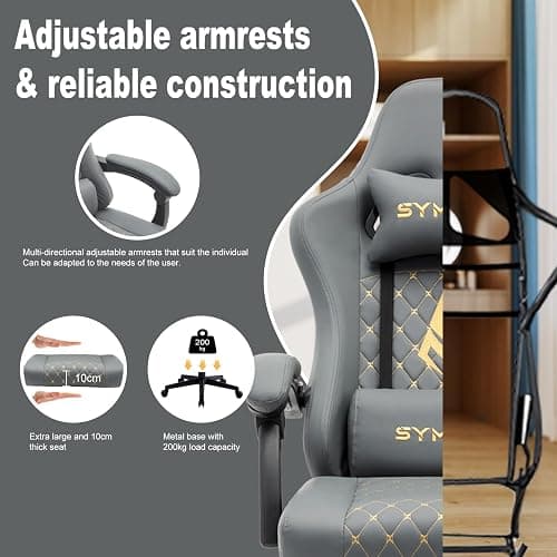 Symino Gaming Chair with Footrest, Computer Ergonomic Video Game Chair, Adjustable Swivel Task Chair with Lumbar Support, PC Chairs, PU Leather Game Chairs for Adults, Grey thumbnail 5