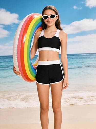 Gaupafmb Girls Bikini 3PCS Swim Sets Color Block Crop Top Briefs with Shorts for 7-16 Years thumbnail 2