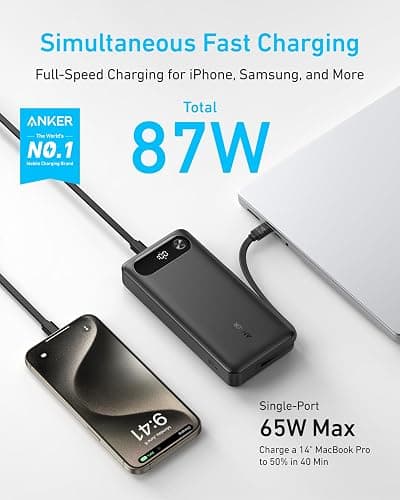 Anker Power Bank, 20,000mAh Travel Essential Portable Charger with Built-in USB-C Cable, 3-Port 87W Max Fast Charging Battery Pack, for MacBook, iPhone 16/15 Series, Samsung, Switch, and More thumbnail 2