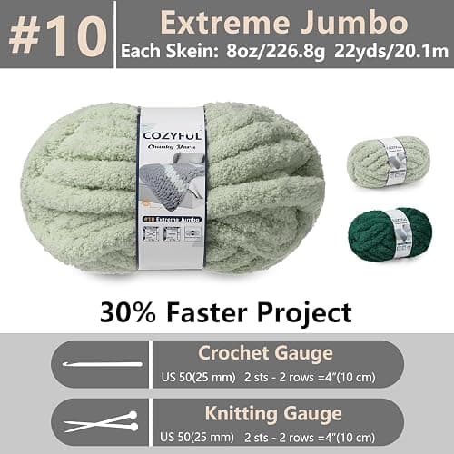 Cozyful Chunky Yarn for Hand Knitting - #10 Chunky Chenille Yarn, Jumbo Big Thick Chunky Yarns for Crocheting, Super Bulky Chunky Knit Blanket Yarns, 8 Skein (22yd, 8oz/Skein), Sage & Forest thumbnail 3
