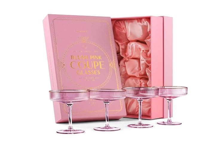 GLASSIQUE CADEAU Vintage Art Deco Blush Pink Coupe Glasses with Gold Rims | Set of 4 | 7 oz Crystal Ribbed Cocktail Glassware for Drinking Champagne, Martini, Cosmopolitan | Girly Speakeasy Saucers thumbnail 9