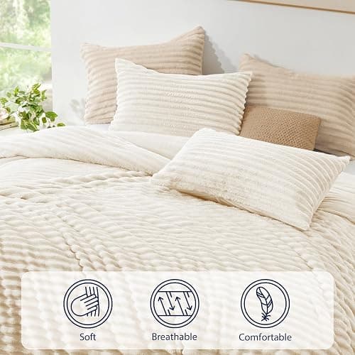 EXQ Home Fluffy Comforter Set Twin Size - Super Soft Faux Fur Stripe Jacquard Comforter 2 Pieces, Cream White Fleece Bedding Set,Winter Warm Bed Set,1 Comforter with 1 Pillowcase thumbnail 5
