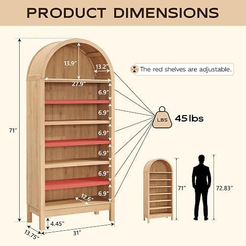 IFGET 71" Tall Arched Bookshelf, 7 Tiers Arch Bookcase with Storage, Modern Farmhouse Book Shelf with Adjustable Shelves, Wood Bookshelf w/Open Display Shelves for Living Room, Office (Natural) thumbnail 2