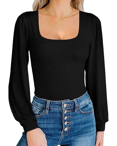 MANGOPOP Square Neck Puff Sleeve Bodysuit Loose Lantern Long Sleeve Body Suit for Women for Going Out - Image 1