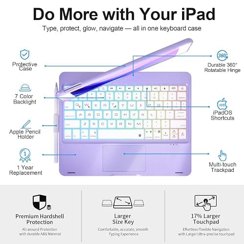 Baisla iPad 9th Generation Case with Keyboard 10.2" (2021), 360° Rotatable with Trackpad & Rainbow Backlit, iPad Keyboard case for 9th/8th/7th, iPad Air 3, iPad Pro 10.5 (Metallic Purple) thumbnail 8