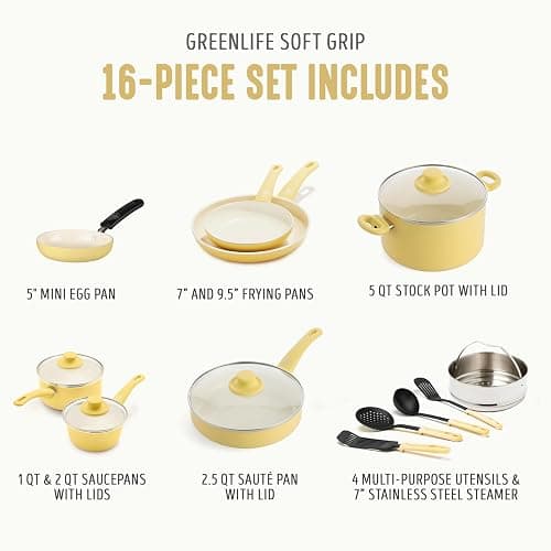 GreenLife 16 Piece Nonstick Cookware Set, Soft Grip Non-Toxic PFAS-Free Ceramic Pots & Pans, Dishwasher & Oven Safe, Frying, Sauce, Saute, Utensils, Glass Lids, Stay-Cool Handles, Wobble Free, Yellow thumbnail 4