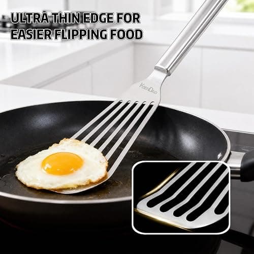 KSENDALO Stainless Steel Fish Spatula with Thin Edge, Sturdy Metal Slotted Egg Turner Flipper, Professional Spatulas for Kitchen Cooking, Dishwasher Safe thumbnail 3