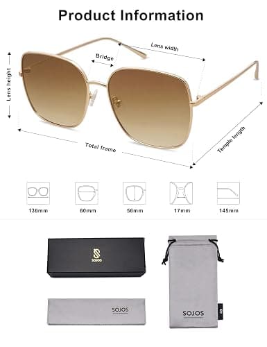SOJOS Trendy Oversized Square Metal Frame Sunglasses for Women Men SJ1146 | Retro Large Big Flat Lens UV Protection Womens Mens Sun Glasses thumbnail 5