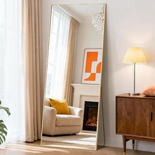 DUMOS Full Length Mirror with Stand 64"x21" Floor Standing Aluminum Frame for Bedroom Body Hanging Leaning Modern Simple Home Decor Shatter-proorf Nano Glass Wall Living Room Cloakroom Gold thumbnail 7