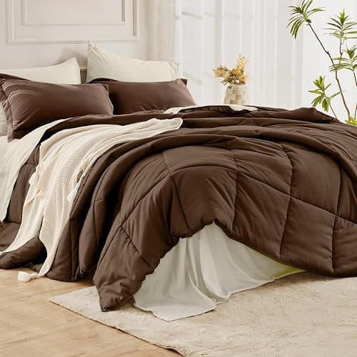 JOLLYVOGUE Queen Comforter Set, Ultra-Soft Bed in a Bag Queen Size 7 Pieces, Oeko-TEX Certified Bedding Set with Down Alternative Comforter, Sheets, Pillowcases & Shams, Brown & Beige thumbnail 8