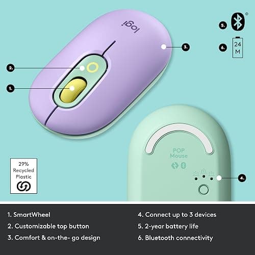 Logitech POP Mouse, Wireless Mouse with Customizable Emojis, SilentTouch Technology, Precision/Speed Scroll, Compact Design, Bluetooth, Multi-Device, OS Compatible - Daydream Mint - Daydream Mint - Mouse thumbnail 6