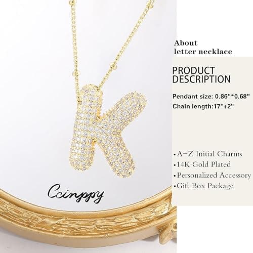 CCINPPY Letter Necklace, 14k Gold Plated Bubble Balloon Dainty Necklace for Women, Chunky Initial Charm Pendant Name Necklace Personalized thumbnail 5