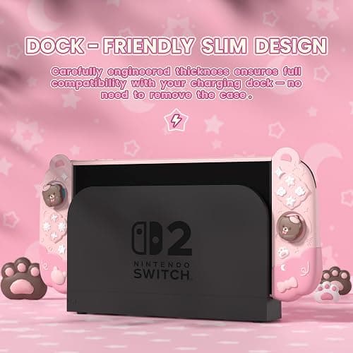 PlayVital Good Night Bear Dockable Case for Nintendo Switch 2 with Stand | Split Design Silicone Joycon Grips, PC Console Hard Shell, 2 Joystick Caps | Cute Protective Cover Bundle – Pink thumbnail 2
