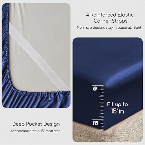 MR&HM Satin Sheets Queen Size with Elastic Corner Straps, Navy Blue | Similar to Silk, 4-Piece Silky Soft Bed Sheet Set, Gentle on Skin and Hair, 15" Deep Pocket, Cooling & Breathable thumbnail 4