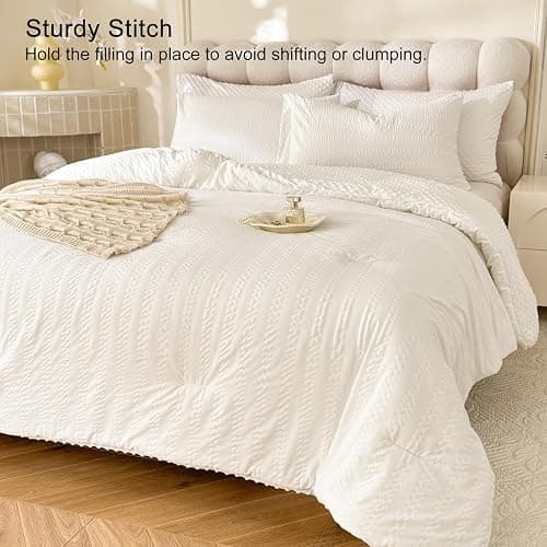 tohrisa Boho Comforter Set Queen Size Striped Pleats Bohemian Seersucker Bedding Set All Season Soft Cozy 3 Pieces Quilt with 2 Pillowcases(90"X90" White) thumbnail 2