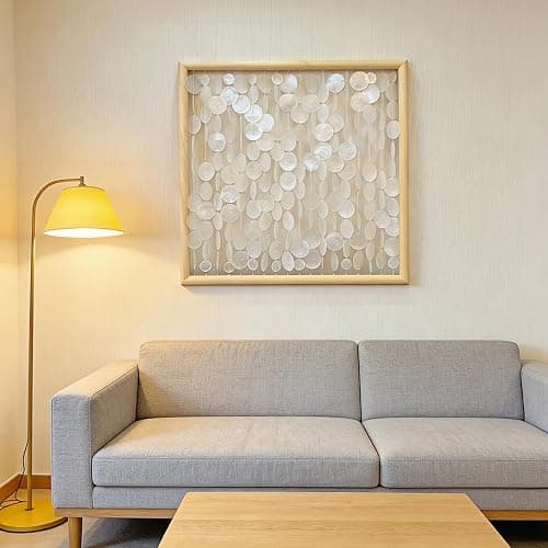 DHHOUSE 24x24 inch Handmade Capiz Shell Wall Art, Minimalist White Shell Wall Hanging with Wooden Frame, Coastal Wall Decor for Living Room, Bedroom thumbnail 3