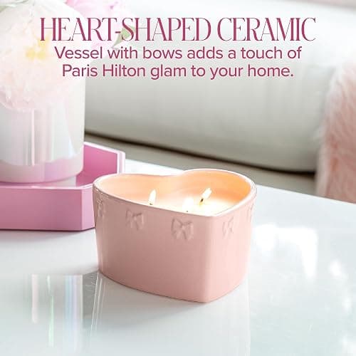 Paris Hilton Cupcake Sprinkles Scented Candle, Pink Heart-Shaped Ceramic Vessel with Embossed Bow Detail, Premium Plant Wax Blend, 3-Wicks, 12-Ounce thumbnail 4