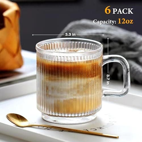 Qipecedm 6 PACK Premium Glass Coffee Mugs with Handle, 12 OZ Classic Vertical Stripes Glass Coffee Cups, Transparent Tea Cup for Hot/Cold Beverages, Glassware Set for Americano, Latte, Cappuccino thumbnail 2