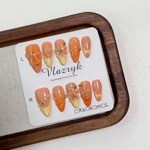 Handmade Press On Nails, Medium Almond Fake Nails with 3D Flowers & Metal Charms, Reusable Full Cover Acrylic Nails,Luxury Orange-Yellow Gradient French Tips for Women.(10PCS Size S) thumbnail 4