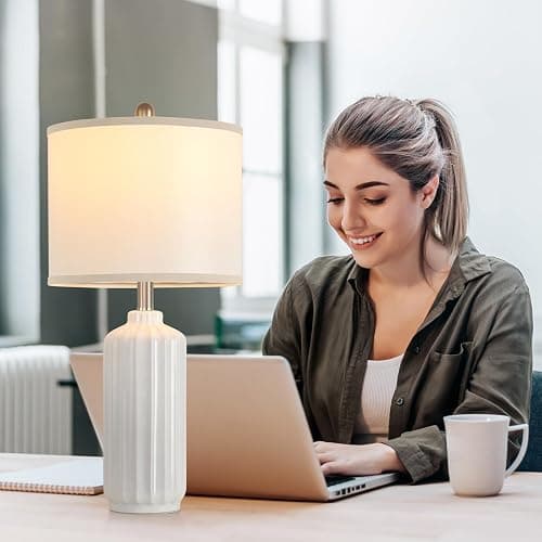 Liyicha Lamp for Living Room Bedroom Lamps Farmhouse Table Lamps Set of 2 Vertical Stripe Ceramic Table Lamp,Linen Shade with Bulb, 25 in High, White - White（Set of 2） - 25-inch high thumbnail 4