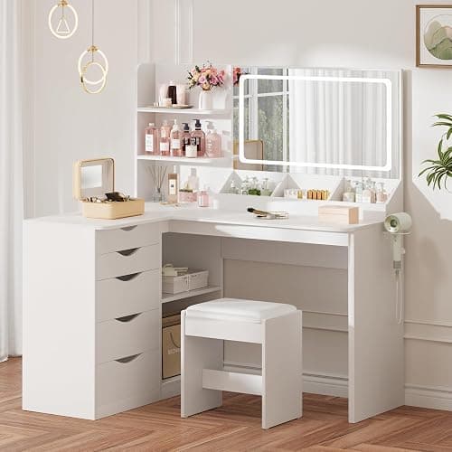 Furmax Vanity Desk with Mirror, L Shape Vanity, LED Lighted Mirror, with Power Outlet and 3 Storage Shelves, Makeup Table with 5 Drawers, 3 Color Modes, for Bedroom(White) thumbnail 8