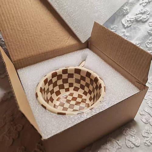 Miaexaugsh 6.8oz Irregular Ceramic Coffee Mug, Brown Checkered | 6.8oz, Irregular Handmade pottery, dishwasher & microwave safe, perfect for office or home thumbnail 8