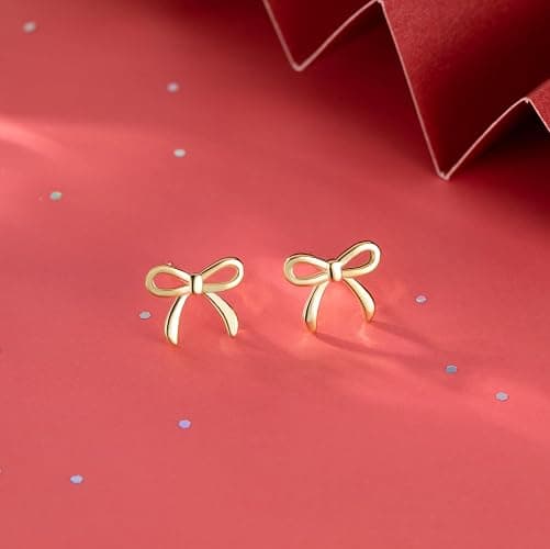 SLUYNZ Solid 925 Sterling Silver Tiny Bow Earrings Stud for Women Teens Small Bowknot post Stud Earrings - B-Gold Plated thumbnail 4