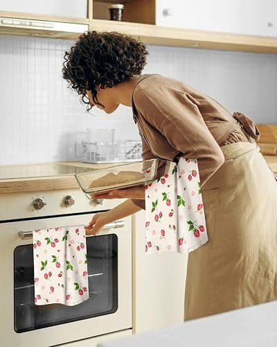 Miss Adola Flour Sack Kitchen Towels - Set of 2 Spring Dish Towels with Hanging Loop 18x26 Inch Absorbent Reusable Cotton Cloths for Cleaning Cute Design Home Decorative Housewarming, Color Strawberry thumbnail 6