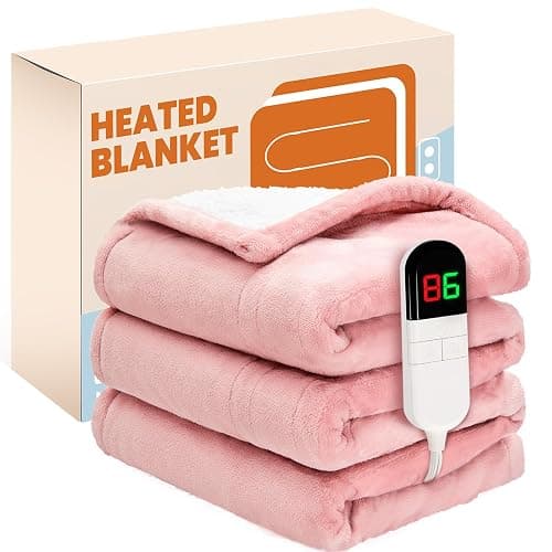 PTQ Electric Heated Blanket,Flannel & Sherpa Heated Throw Blanket 50"x60",Fast Heating Soft Fleece Blanket with 6 Heating Levels & 4H Auto Off-Pink - Image 1