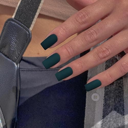 Matte Dark Green Press on Nails Short Medium Square Glue on Nails Set,KQueenest Solid Color Fake Nails Short Coffin Acrylic Nails Press on Gel Nails for Women Reusable False Nails in 24 Pcs - matte dark green thumbnail 3