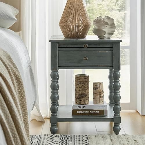 HULALA HOME Spindle Nightstands with Charging Station, Solid Wood Nightstand with Drawer Shelf, Side Table with Pull-Out Shelf (1, Blue) thumbnail 7
