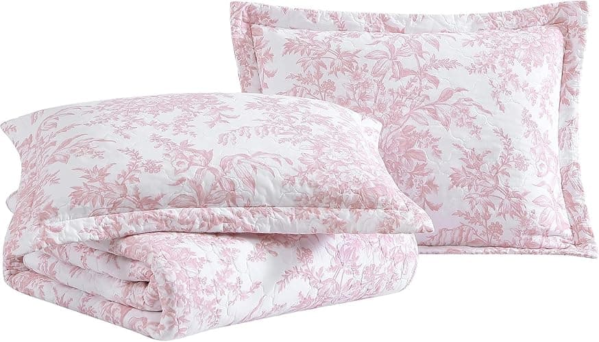 Laura Ashley - Queen Quilt Set, Soft & Reversible Cotton Floral Bedding with a Medium Weight Feel, 3 Piece Bed Set with Matching Pillowcases (Bedford Pink) thumbnail 2