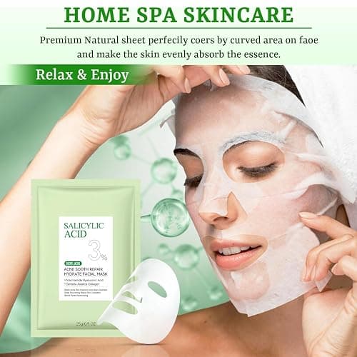 YTRAJU Anti Acne Face Mask Salicylic Acid Face Masks Skincare, Hydrating Face Masks, Soothing Facial Sheet Masks Skin Care for Acne Prone, Acne Mask for Pimple Breakouts Oil Control, 10 Pack thumbnail 6