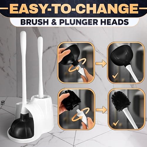 2-in-1 White Toilet Brush and Plunger Set with Holder – Compact Bathroom Cleaning Combo, Strong Rubber Plunger & Stiff Bristle Brush, Space-Saving Stand, Fits Most Standard Toilets, 9.3×6.3×15.2 inch thumbnail 5