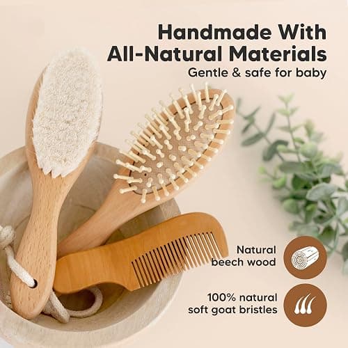 Baby Hair Brush Set for Newborns - Soft Goat Bristle Wooden Baby Brush and Comb Set Newborn Grooming Kit for Cradle Cap, Durable & Gentle, Boy, Girl Infant Essentials Care Kit (Oval, Walnut) thumbnail 4
