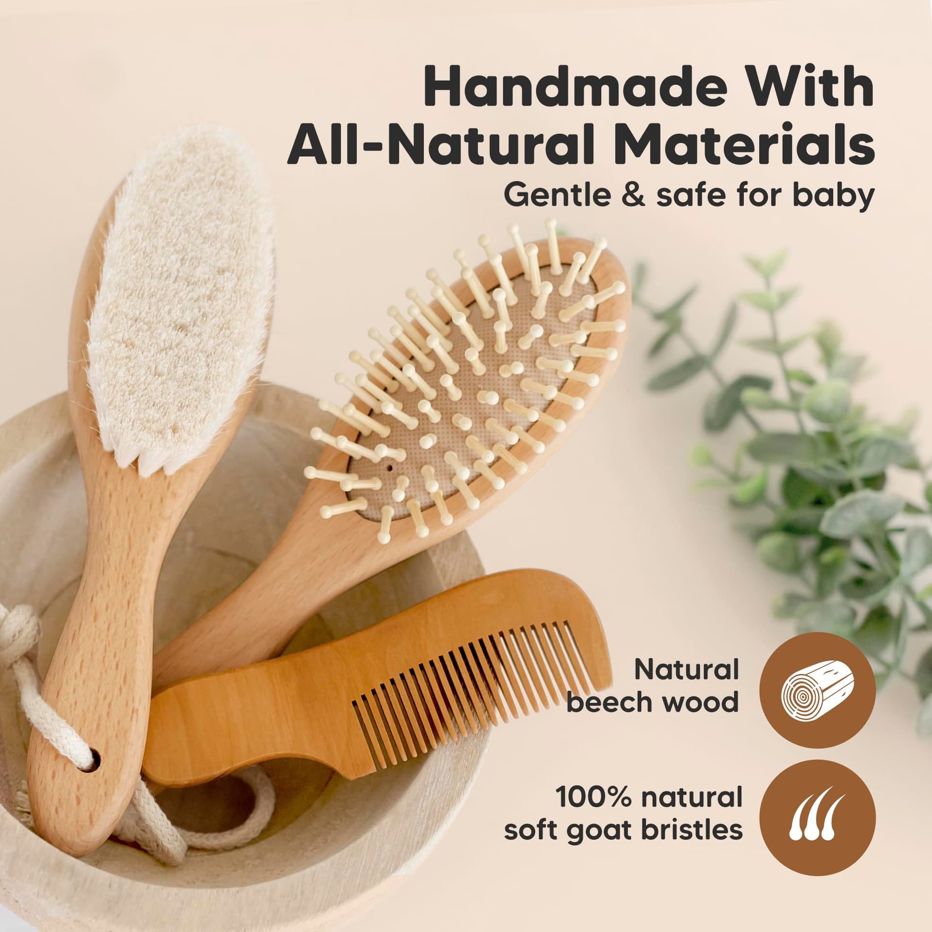 Baby Hair Brush Set for Newborns - Soft Goat Bristle Wooden Baby Brush and Comb Set Newborn Grooming Kit for Cradle Cap, Durable & Gentle, Boy, Girl Infant Essentials Care Kit (Oval, Walnut) thumbnail 4