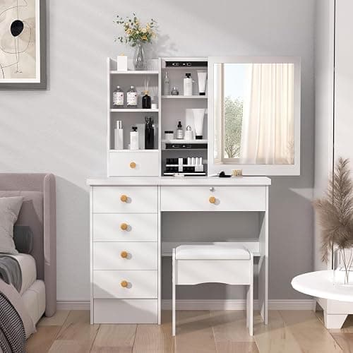 tekrabea Dressing Table with 6 Drawers, Vanity Desk with Mirror, Storage Shelves and Stool, Makeup Desk for Bedroom, Modern Makeup Table with Mirror and Chair, White - Image 1