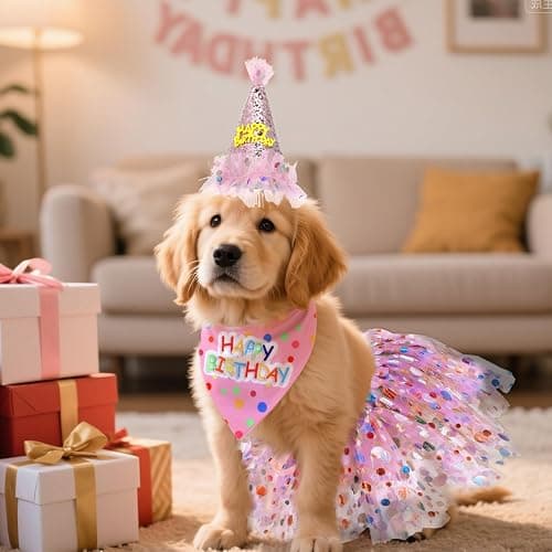 Dog Birthday Bandana with Hat and Dress Girl Set Puppy Birthday Party Supplies Cute Tutu Skirt Outfit for Small Medium Large Dogs Decorations(Pink) thumbnail 7