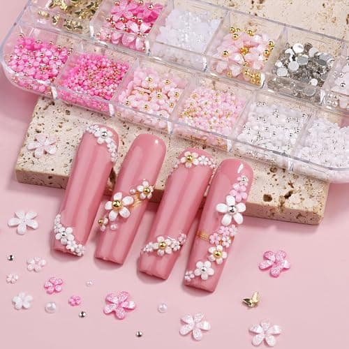 MSLSOZ 3D Nail Charms Set, 2 Boxes Nail Art Decor(Bow, Flower, Half Pearl), Pink Glitter Flower & Bow Nail Charms, Art Decorative Accessories for Manicure Design & DIY Crafts thumbnail 3