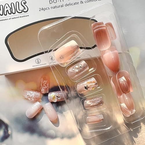 DZPGUONIZ 24pcs Short Square Press on Nails French Tip Fake Nails White Flower with Star Design Glitter False Nails Luxury Nail Charms Crafts White Stripes Glue on Nails for Women Manicure Tips thumbnail 3
