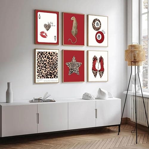 6Pcs Trendy Leopard Wall Art Prints Funky Red Lucky 8 Ball Posters Vintage Preppy Room Aesthetic Cheetah Wall Decor Pictures for Girly Bedroom Apartment Dorm Unframed (10L" x 8W") thumbnail 7