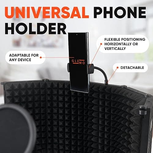 Glemoriol Microphone Isolation Shield with Phone Holder, Pop Filter & Desktop Stand – Sound Proofing Studio Setup for Enhanced Sound Quality | Home Recording, Podcast Equipment & Sound Production thumbnail 3