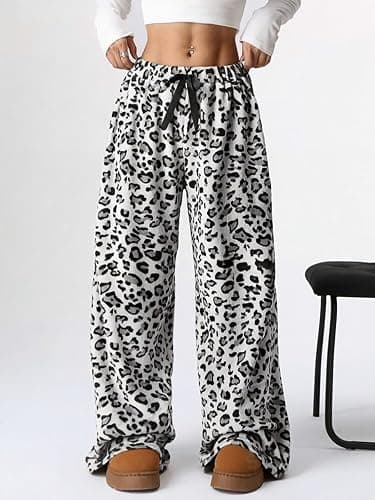 Leopard Women's Fuzzy Pajama Pants - Y2k Cheetah High Waisted Fluffy Pants (White, L) thumbnail 6