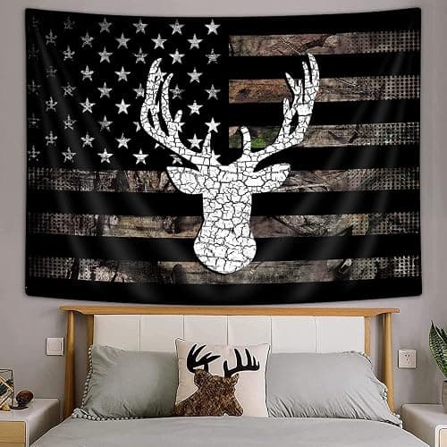 VEIGIKE American Flag Hunting Tapestry, Western Black and White Country Deer Tapestry Wall Hanging for Men Bedroom Room, Rustic Camo Tapestries Poster Blanket College Dorm Home Decor 60X40 Inches thumbnail 3