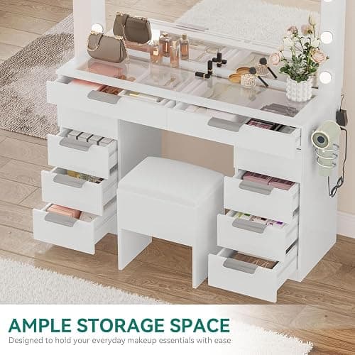 YITAHOME 46" Glass Top Vanity Desk with LED Mirror, 11 LED Bulbs, 3 Adjustable Lighting Modes, 10-Drawer Makeup Vanity with PU Storage Stool, Dressing Table Built-in USB & AC Outlets thumbnail 4