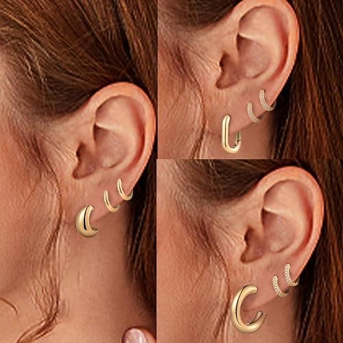 Wgoud 6 Pairs Gold Hoop Earrings Set for Women, 14K Gold Plated Hypoallergenic Lightweight Chunky Open Huggie Hoops Earrings Jewelry for Gifts. thumbnail 3