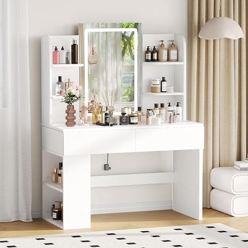 Devoko LED Lighted Dressing Table with Adjustable Brightness, Makeup Table with Mirror, with 2 Large Drawers and 4 Open Shelves and Side Locker, 90 x 40 cm, Modern Style for Bedroom, White thumbnail 2
